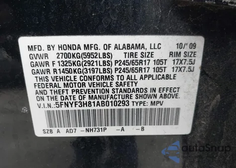 2010 Honda Pilot Touring z USA, uszkodzony, nr VIN 5FNYF3H81AB010293
